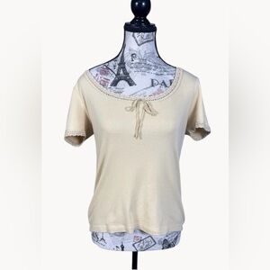 Ralph Lauren Beige Short Sleeve Cotton Crochet lace Neck and Sleeve Size M